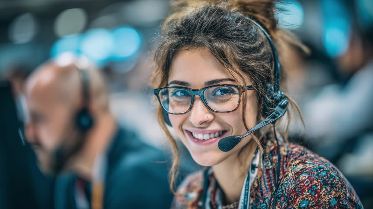 Engaging Customer Service Representative Smiles Brightly While Assisting Clients, Showcasing Professionalism and Enthusiasm in a Modern Call Center Environment