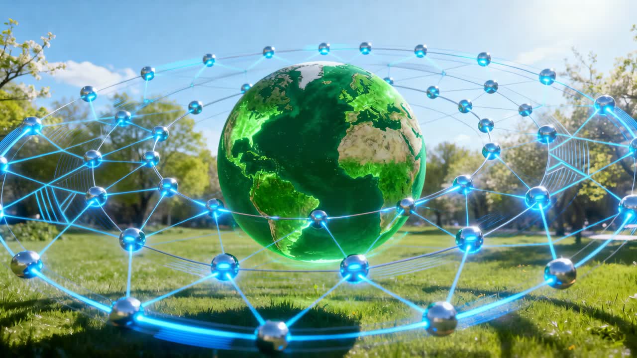 La telecamera ingrandisce un globo verde fluttuante, mentre una rete blu forma sfere che si avvicinano, mostrando collegamenti tecnologici.