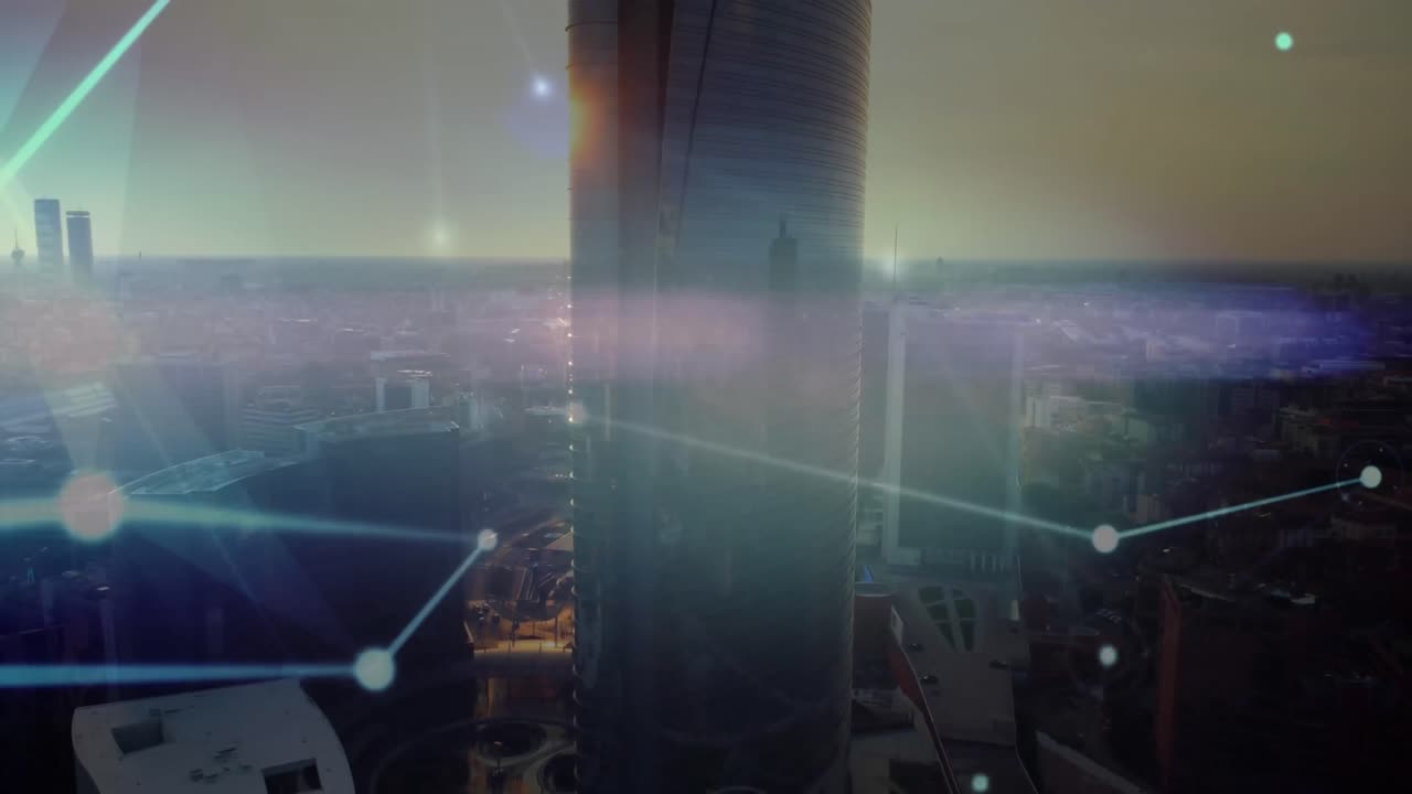 Animation of network of connections over cityscape