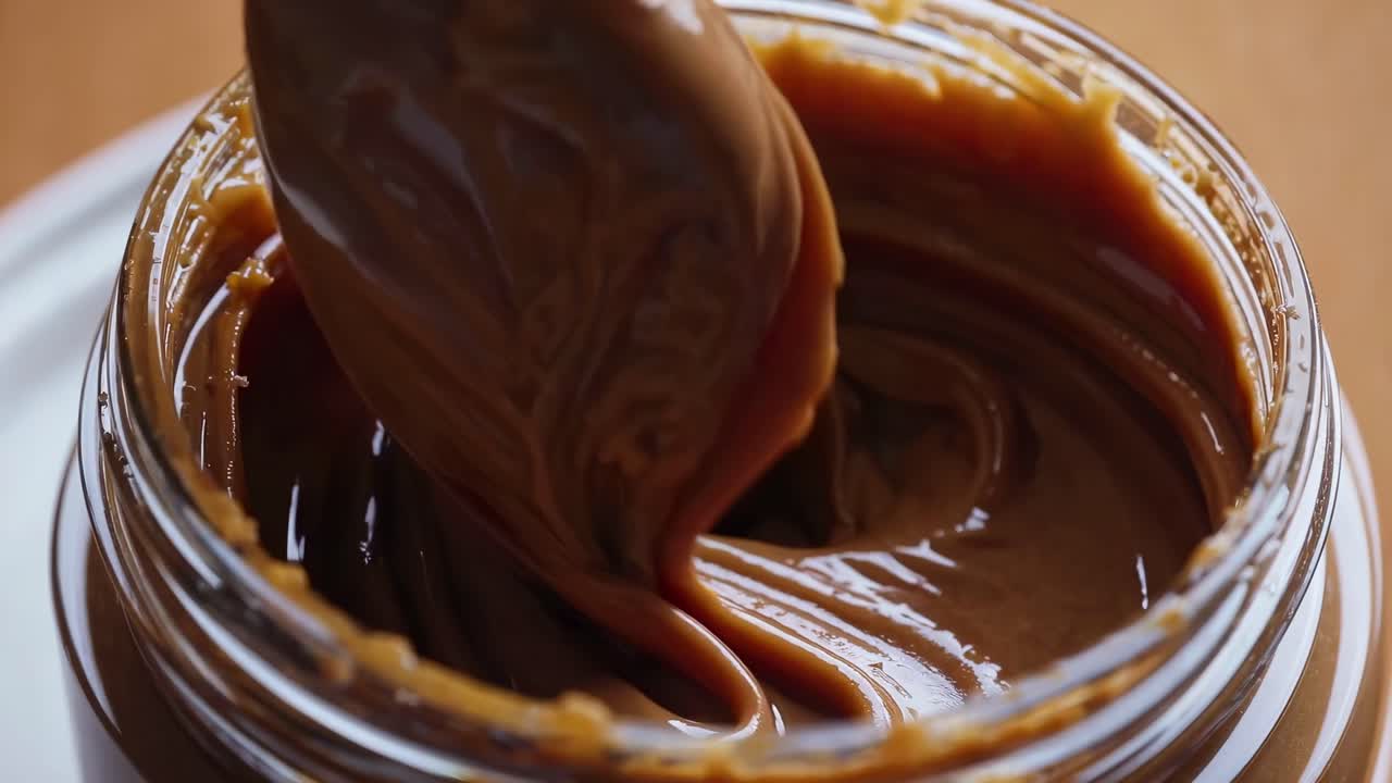 Close-up video of creamy peanut butter being stirred in a jar