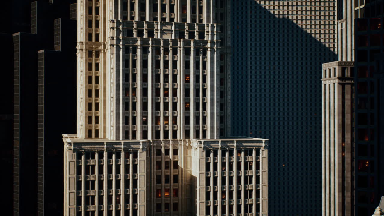 Dettagli architettonici classici di un grattacielo a New York nel tardo pomeriggio