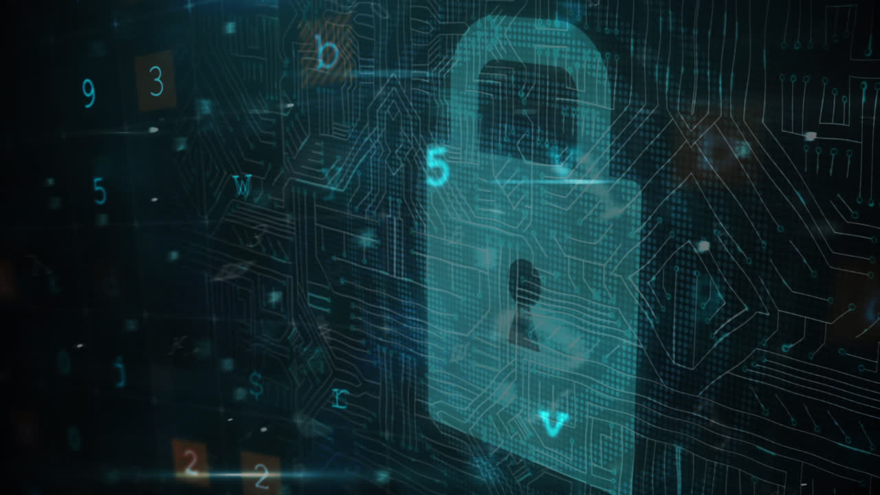 Animation of scanning, numbers and online security padlock