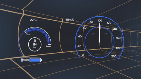 speedometer and battery level animation over futuristic grid background