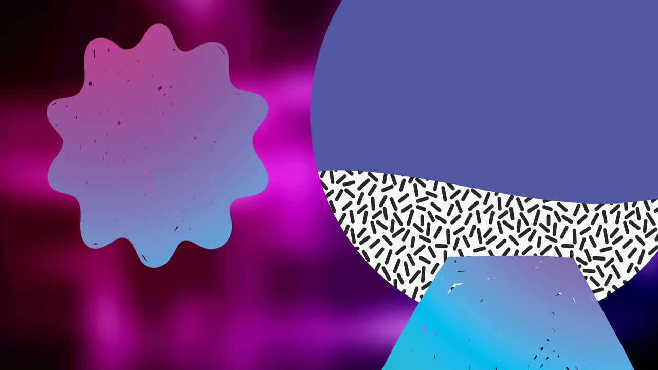 Digital animation of colorful abstract shapes moving against purple background