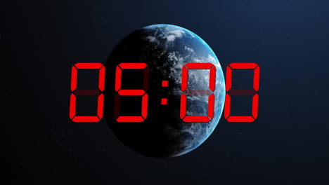 animation of red digital timer changing with globe on black background