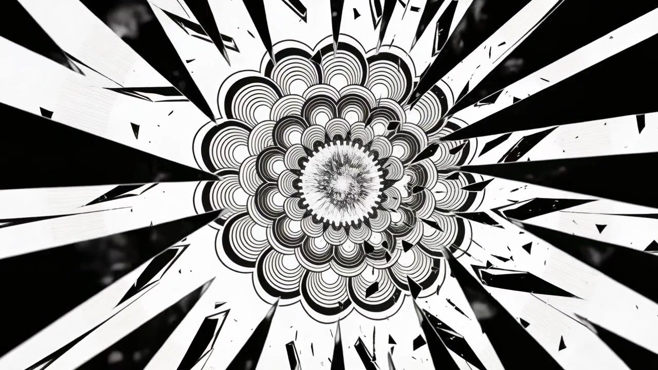 Motivo centrale di mandala in evoluzione che proietta frammenti verso l'esterno, trasformandosi in un anello testurizzato, disperdendo frammenti.