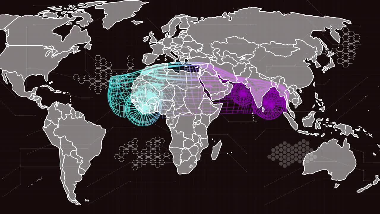 All'avvio, un'auto wireframe fluttua sull'Africa, con una rete che si espande verso Europa e Asia, mostrando cluster esagonali.
