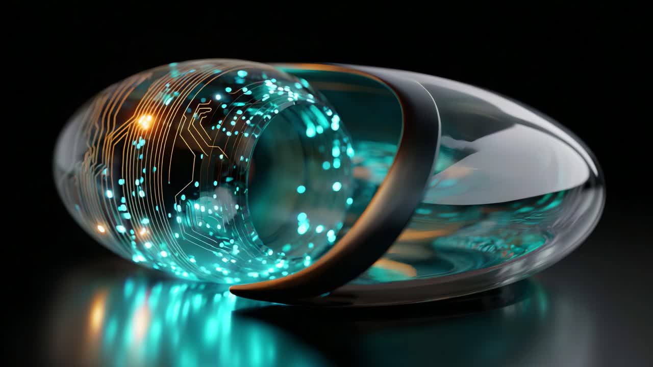 A futuristic capsule design showcasing vibrant turquoise light and intricate circuit patterns, seamlessly blending technology and aesthetics in a glass-like structure