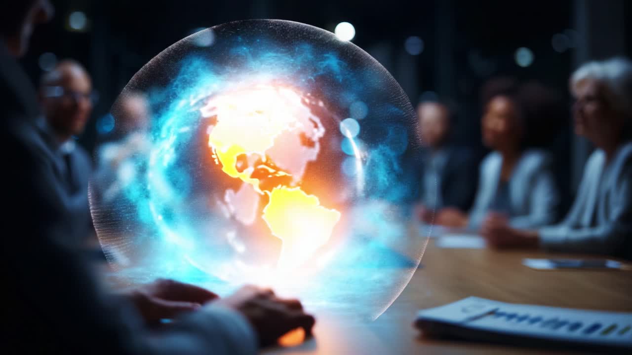 A Dynamic Representation of Earth in a Futuristic Conference Setting Highlighting Global Discussions on Technology, Collaboration, and Innovation with a Holographic Atmosphere