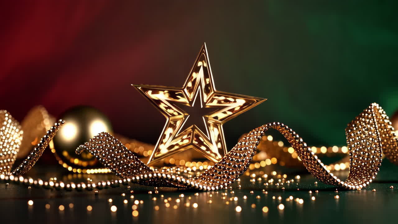 Golden Star and Festive Decorations with Bokeh Lights