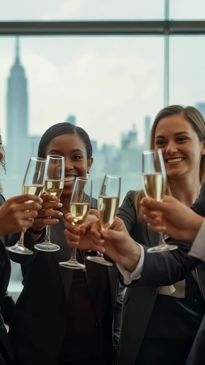 Vertical video: Raising champagne flutes, business group celebrating while toasting in glass office