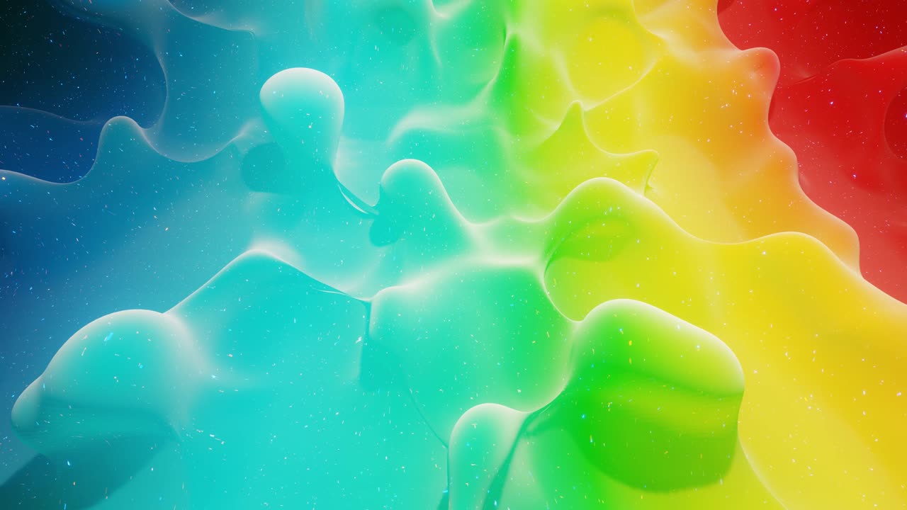 4k에서 액체 그라디언트 무지개 색의 부드러운 추상 애니메이션, 추상적인 루프 축제 배경으로 밝은 매트 페인트 표면, 방울처럼 표면에 3d 스플래시와 함께 점성 액체에 반이는.