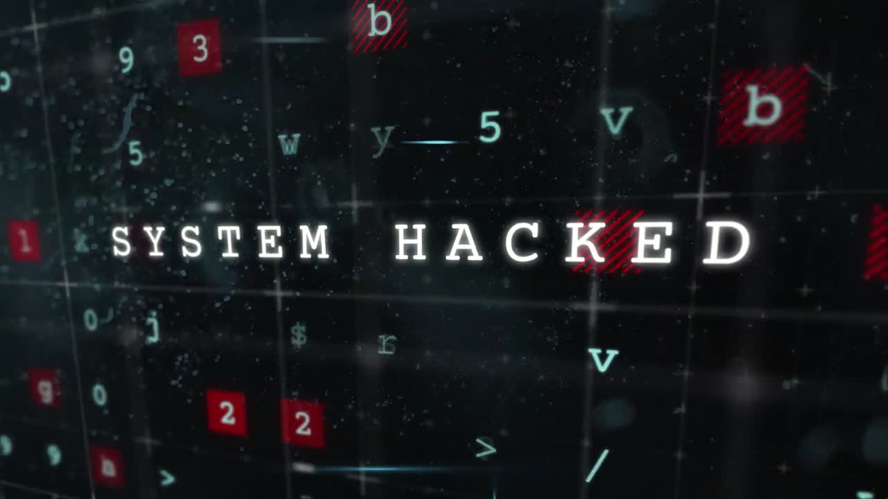 animación de hacking, texto de malware en blanco, sobre luces y procesamiento de datos en fondo negro