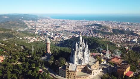 Barcelona-Drone-Shot-Of-Tibidabo-Church-Amusement-Park