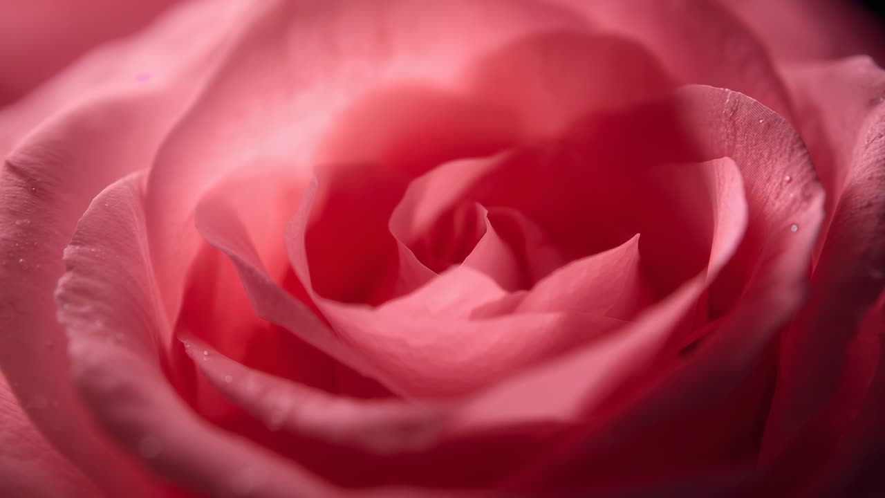 Obiettivo della camera che rivela la spirale interna di una singola rosa rosa in studio, con gocce di rugiada
