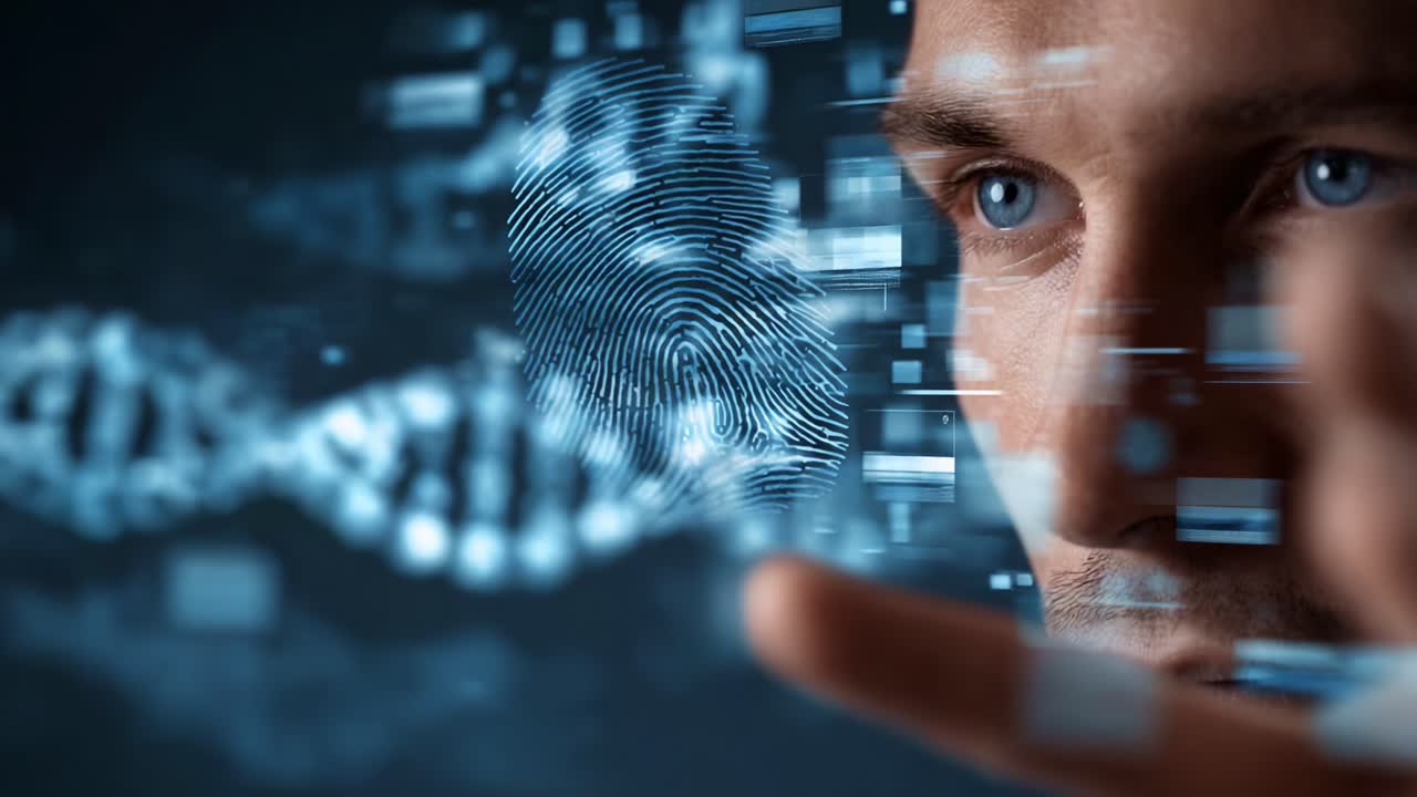 A Close-Up of a Man Analyzing Digital Fingerprints in a Futuristic Interface with DNA Patterns and Technology Concepts Surrounding Him