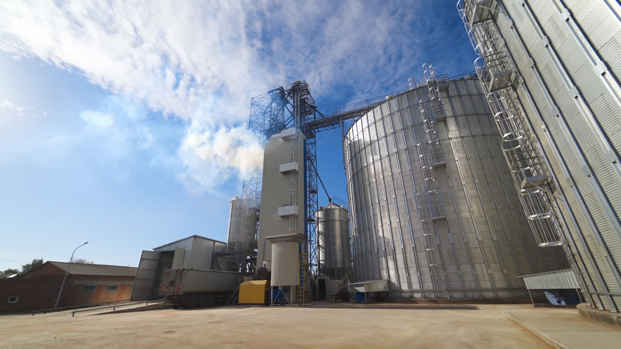Industrial plant in the countryside. Modern agricultural complex with storage bins to process grains. White vapor over the industrial equipment. Grain elevators for storing.