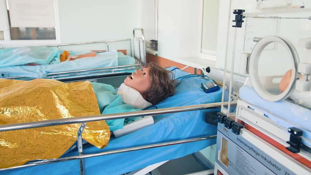 Medical dummy lying on hospital bed. Dummy for CPR medical refresher training to assist of physician