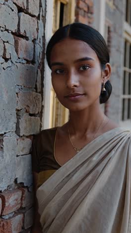 young woman wearing traditional indian clothing and ornate jewelry standing near weathered brick wall, displaying serene facial expressions with quiet confidence and cultural elegance