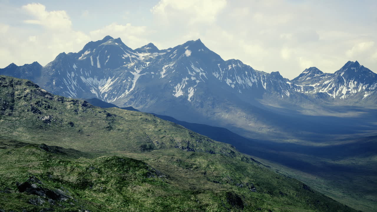 Majestic mountain landscape with lush greenery and towering peaks in daylight
