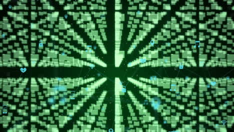 Animation of network of connection and icons over black background