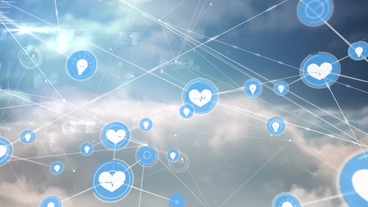 анимация сети цифровых икон и обработка данных на фоне облаков в голубом небе