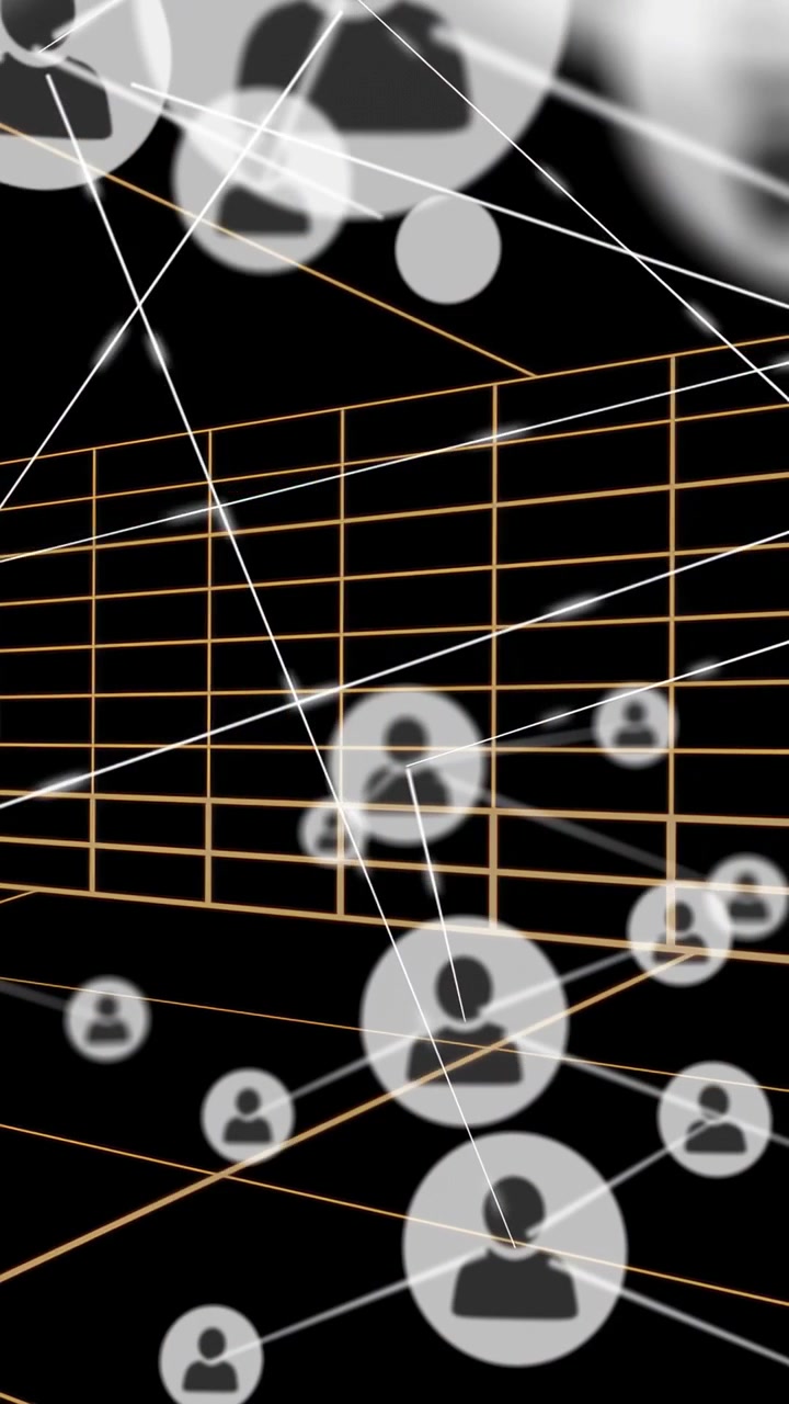 Vertical video: Right-side data feed spawning user glyphs into grid room, forming tech network