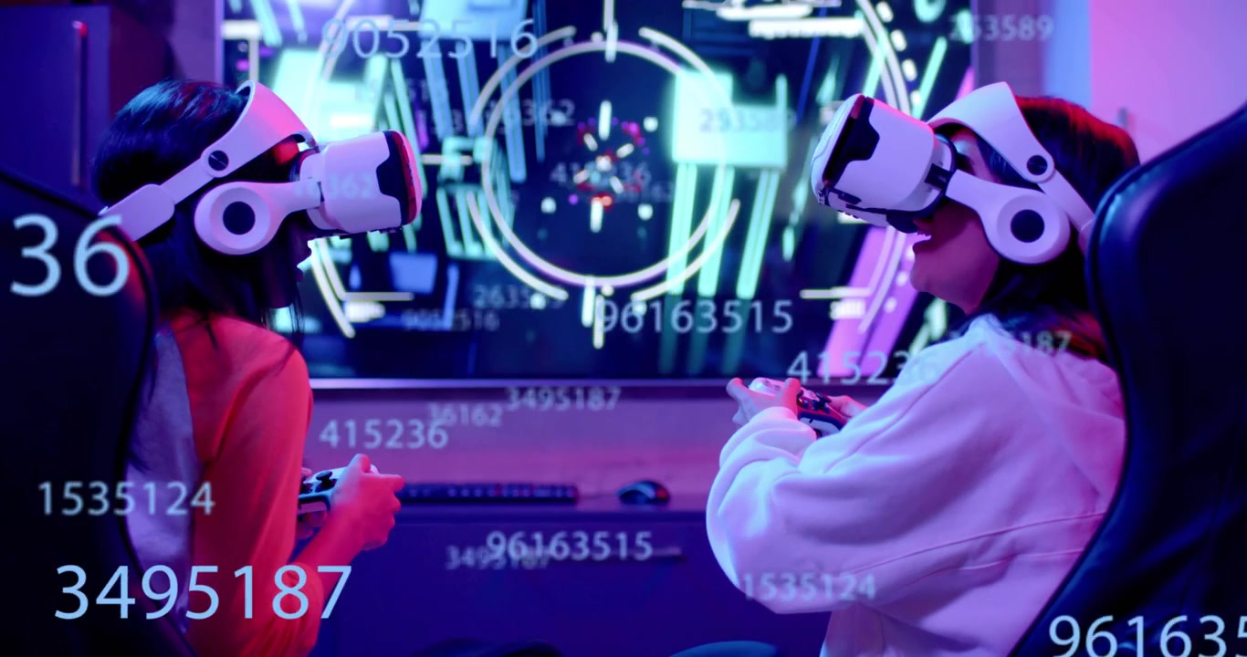 Mother pressing controller button and initiating VR gaming, daughter tracking floating data streams