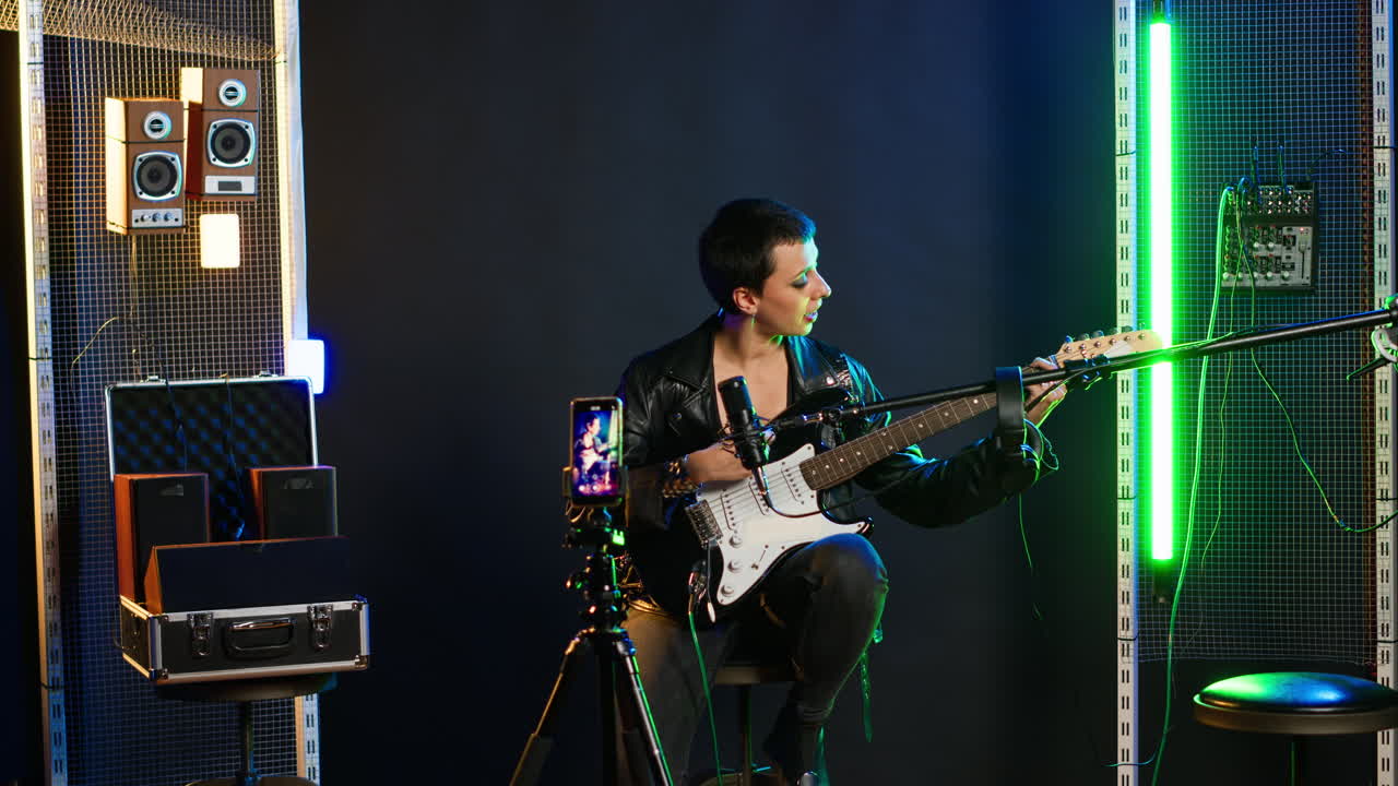 Woman playing electric guitar in a music studio