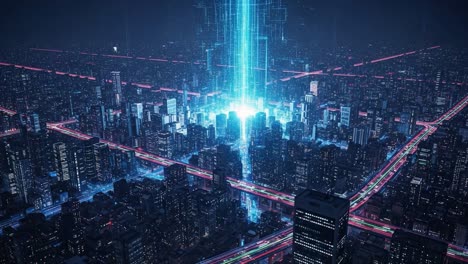 a futuristic cityscape illuminated by a radiant light beam, showcasing advanced technology and dynamic urban life in a densely populated metropolis at night