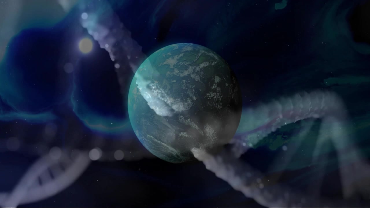 At sequence start DNA helix drifting in and Earth rotating symbolizing cosmic DNA link over stars