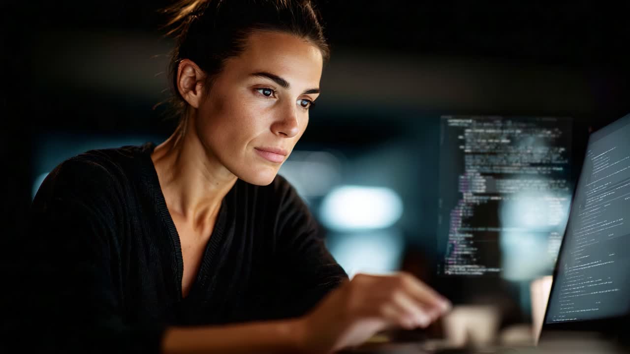 Focused Programmer Analyzing Code on Computer Screen in a Dimly Lit Environment, Highlighting Concentration and Technical Skills for Problem Solving and Development