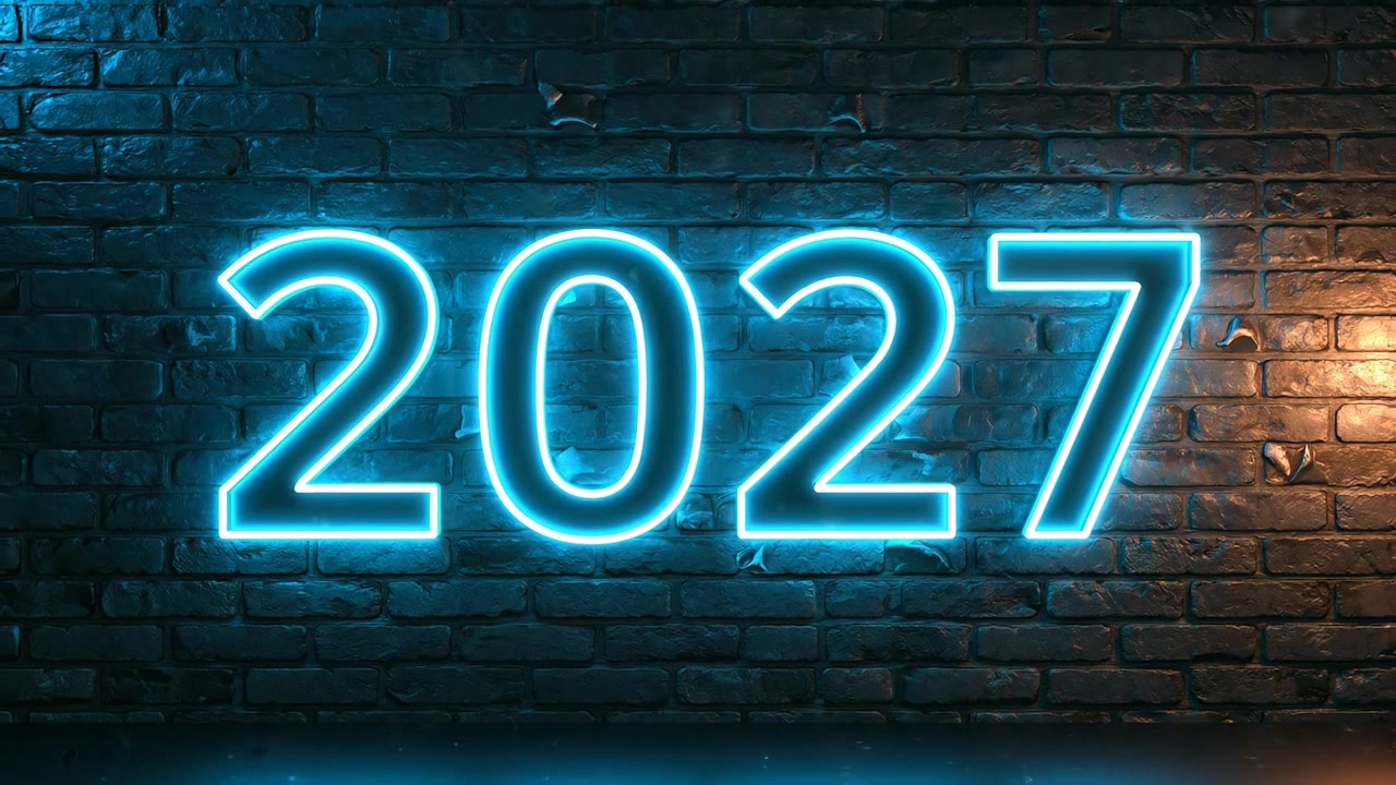 Glowing Blue Neon 2027 Sign on Dark Brick Wall