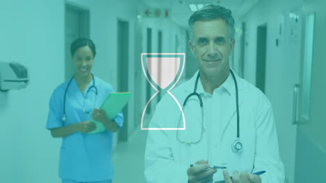 animation of hourglass icon over diverse doctors