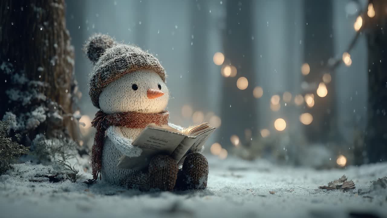 A Charming Snowman Sitting in a Snowy Forest, Enthralled by a Book, Surrounded by Twinkling Lights and a Mystical, Winter Wonderland Atmosphere