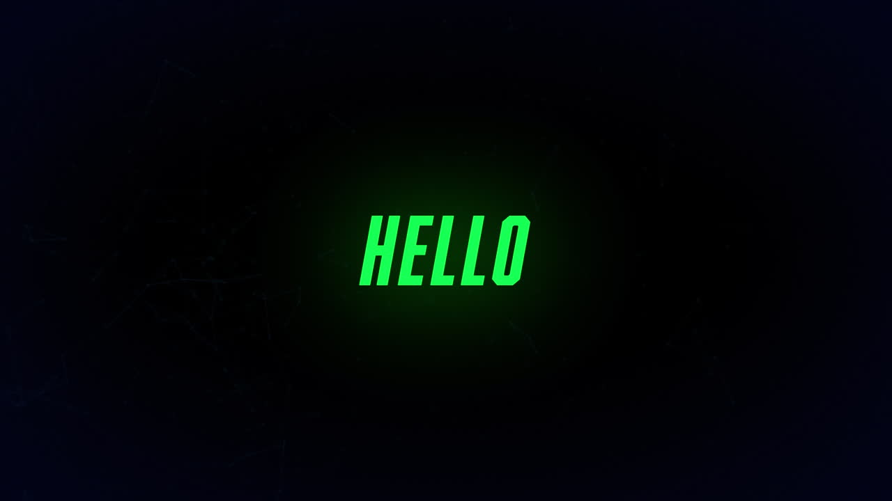 Animation of hello text over light trails on black background