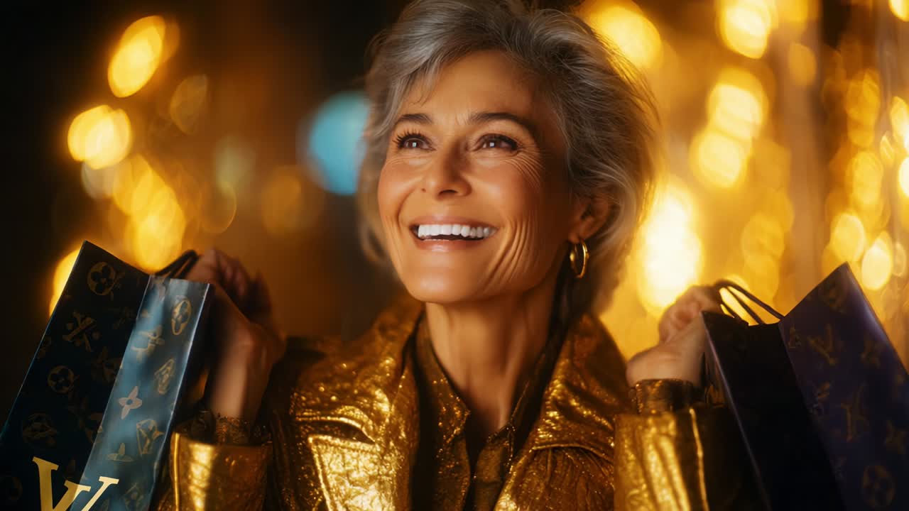 Una mujer radiante con prendas doradas brillantes sostiene bolsas de la compra mientras sonríe alegremente sobre un fondo cálido y resplandeciente, mostrando alegría y elegancia en una escena cautivadora de celebración y estilo.