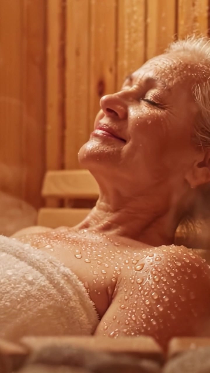 Relax e serenità: una donna che si gode un'esperienza spa in una sauna fumante, catturando la gioia della cura di sé e del benessere in un'atmosfera serena.