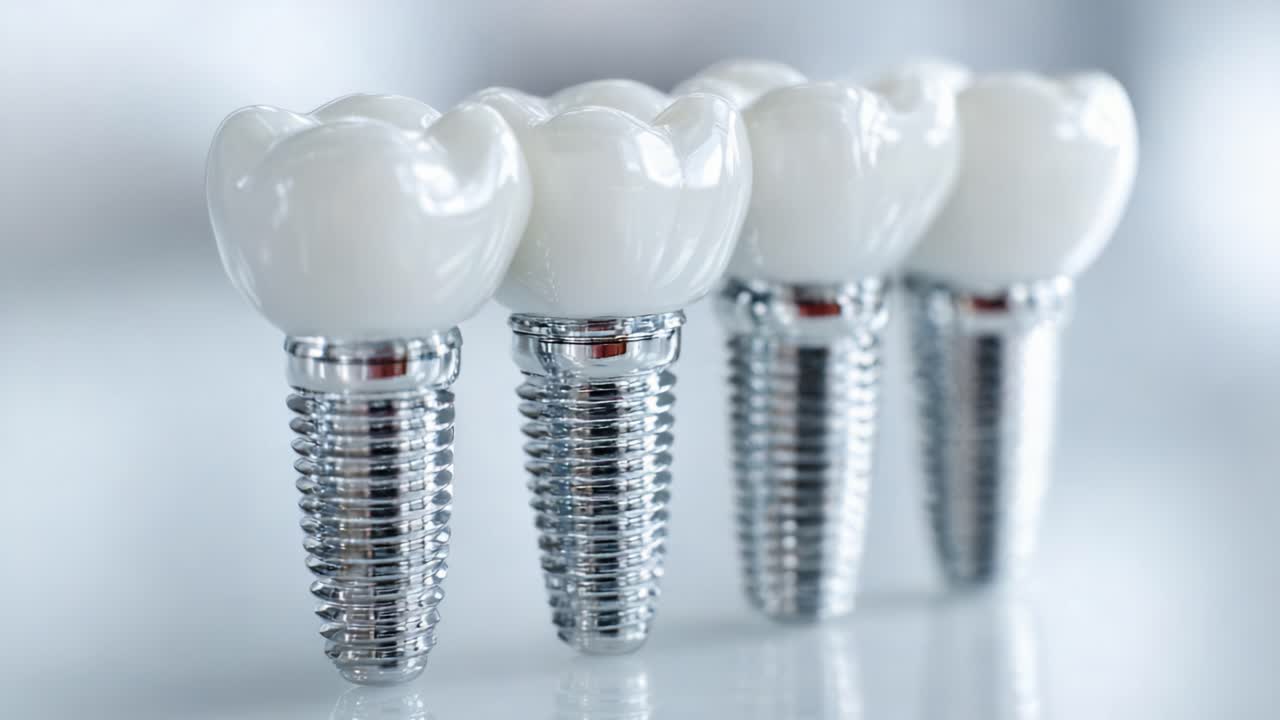 High-Quality Dental Implants Displayed in a Row: A Close-Up Showcase of Modern Tooth Replacement Solutions for Enhanced Aesthetics and Functionality