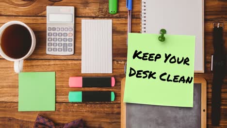 animation of keep your desk clean text on memo note over office items on tidy desk