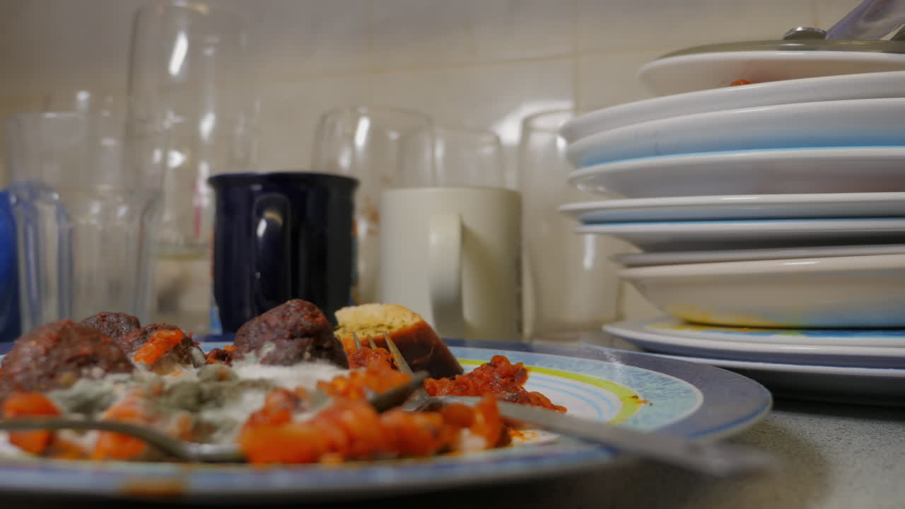 pila de platos sucios y comida mohosa en la casa de los estudiantes, primer plano panorámico