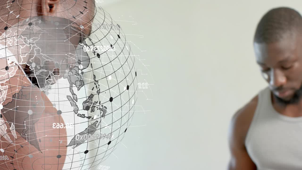 Man turning to mirror pinching nose rubbing cheeks viewing skin while health orb over glass growing