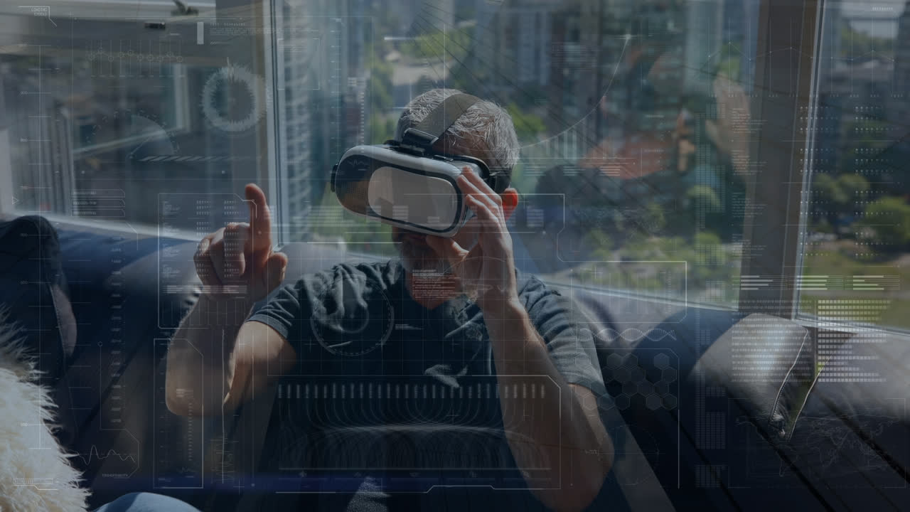Animation of data processing over caucasian man using vr headset