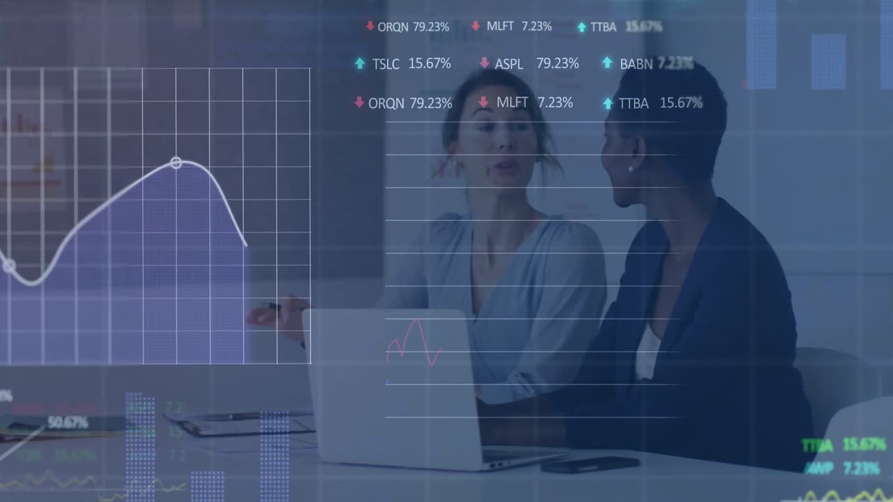 Animation of stock market data processing over two diverse female colleagues discussing at office