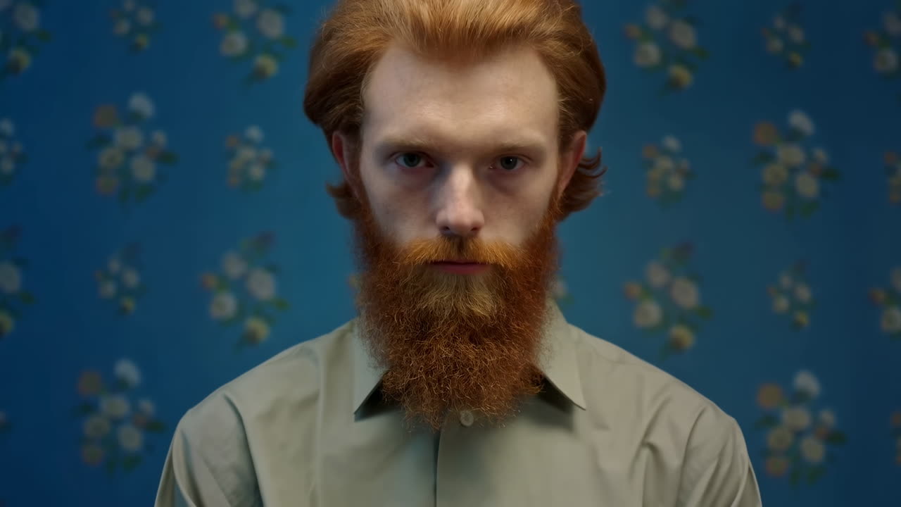 Young Red-Haired Man with Beard Stares Intensely at Camera