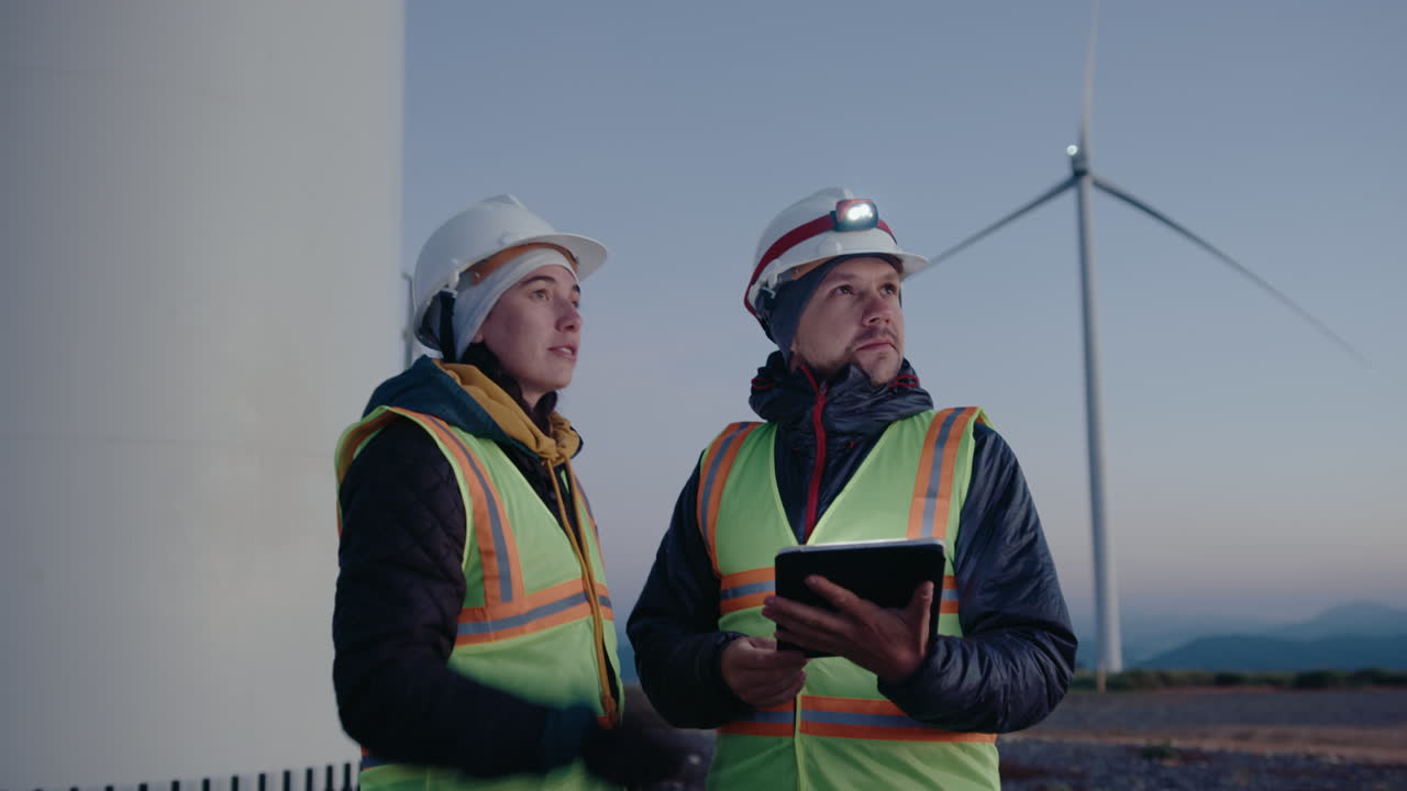 Two Engineers Using Digital Tablet and Discussing Wind Farm