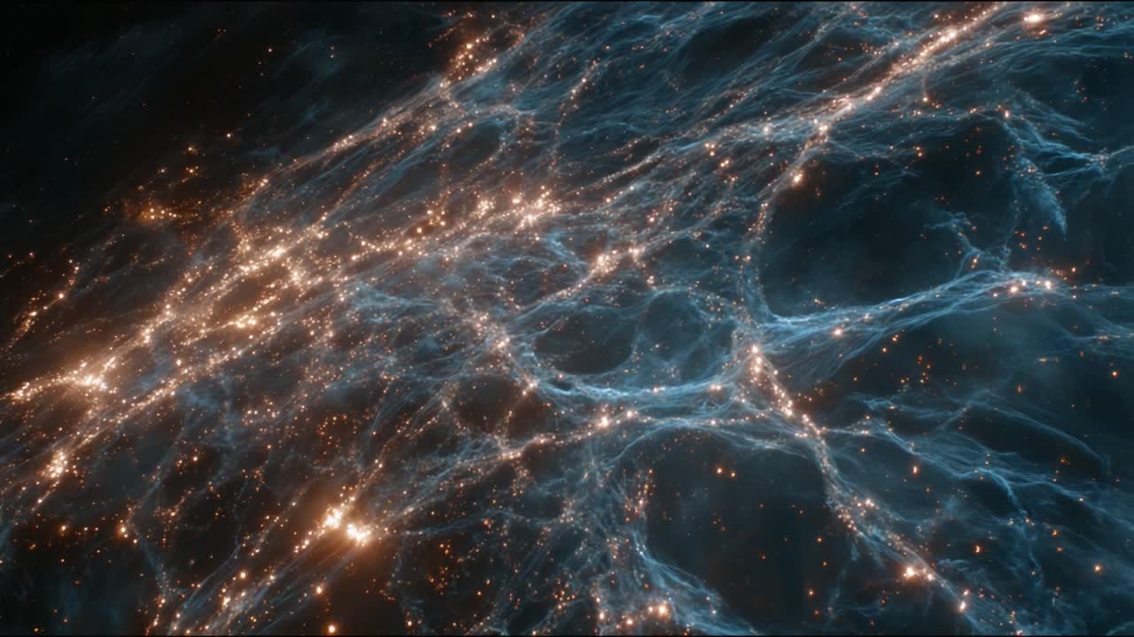 A breathtaking view of interstellar connections depicted through luminous strands of cosmic filaments that illuminate the vastness of the universe with golden lights against a dark backdrop