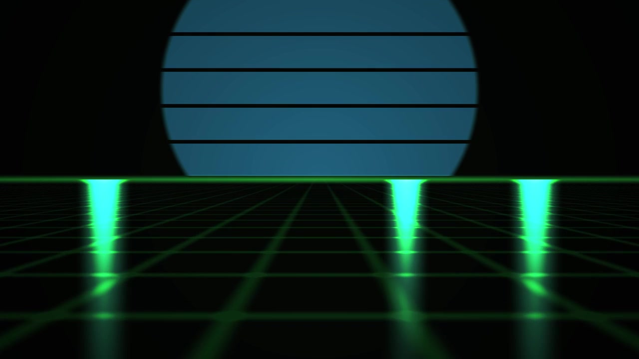 Retro Synthwave Style Grid Landscape with Glowing Horizon