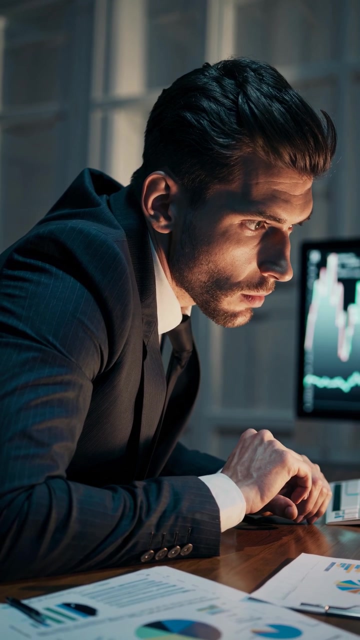 Uomo d'affari concentrato che analizza dati finanziari del mercato azionario al computer
