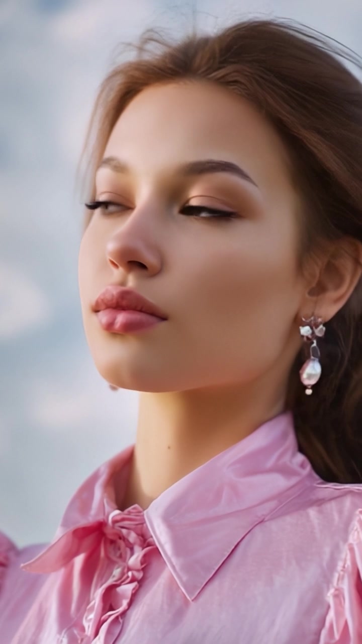Ritratto di una giovane donna con un'elegante camicetta rosa e orecchini unici su uno sfondo di cielo tenue, che cattura bellezza e compostezza in ogni fotogramma.